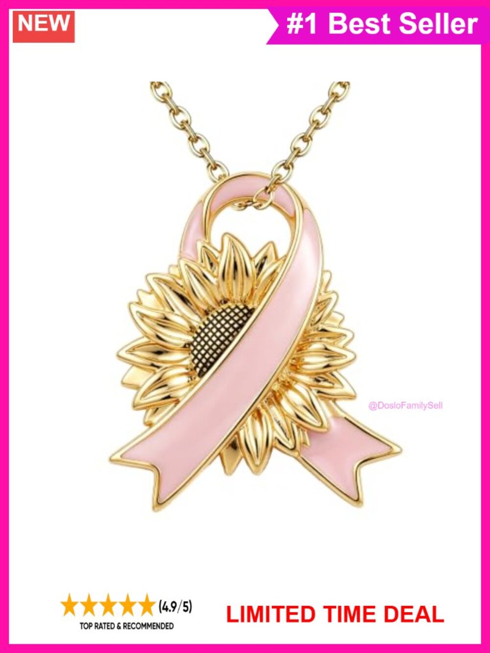 925 Sterling Silver Sunflower Breast Cancer Awareness Pendant Necklace